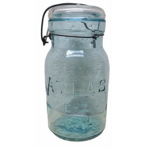 Atlas E-Z Seal Fruit Canning Jar Quart, Cornflower Blue with Clear Lid.